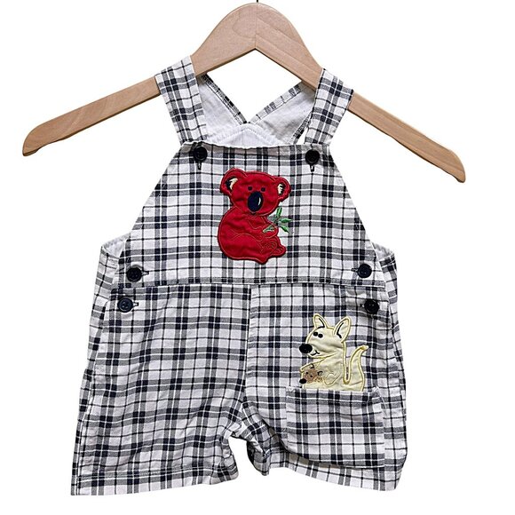 Vintage Blue Plaid Red Koala Bear Yellow Kangaroo Bib Shorts Size 12 months - Picture 1 of 4